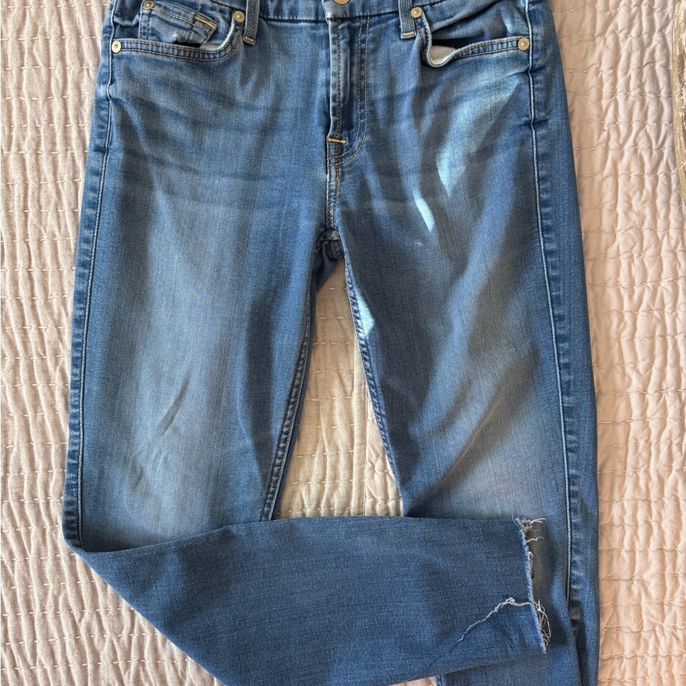7 For All Mankind Light Blue Denim Jeans with Gold Stitching